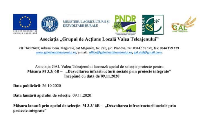 Asociația GAL Valea Teleajenului: Măsura M 3.3/ 6B – „Dezvoltarea infrastructurii sociale prin proiecte integrate” începând cu data de 09.11.2020.12.2017